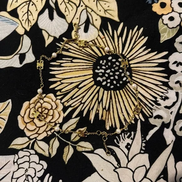 Celine Triomphe Pearl Chain Bracelet Gold Plated 7” Adjustable Dainty Designer - Picture 2 of 10